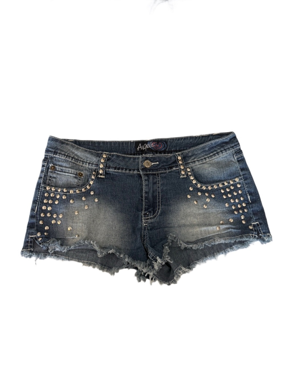 Y2K Juniors Angels Low Rise Denim Micro Mini Studded Embellished Shorts Cotton